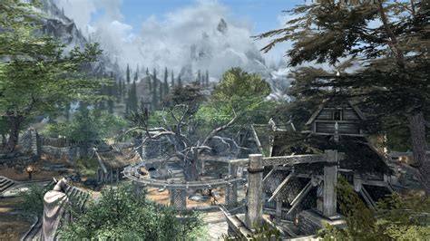 The Elder Scrolls V Skyrim Trees Fantasy City Mist Mountains