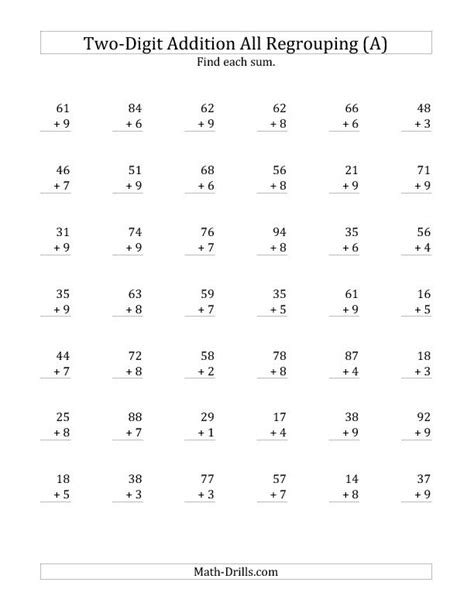 Adding Double Digits With Regrouping Worksheets 2 Digit Plus