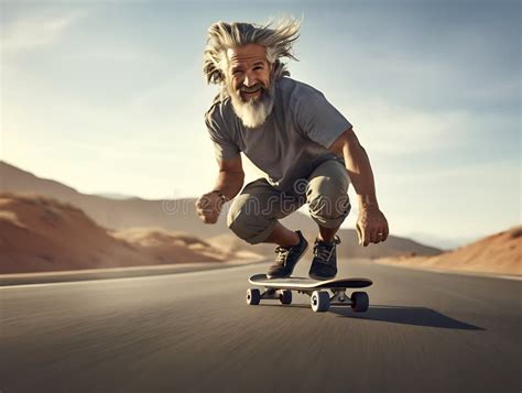 Active Energetic Happy Cool Gray Haired Old Adult Man Skateboarding On