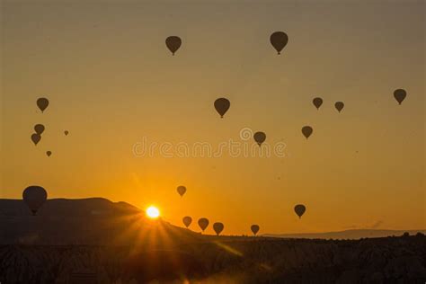 Sunrise View Of Hot Air Balloons Above Cappadocia Landscape Turk Stock