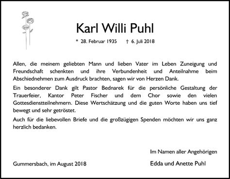 Traueranzeigen Von Karl Willi Puhl Wirtrauern