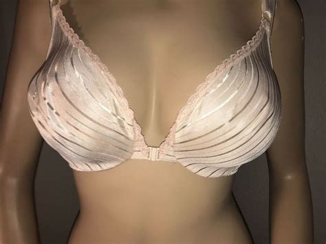 Two Vtg Warners Bright Stripes 36C Unlined Front Closure Bras Beige