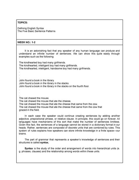 5 Basic Sentence Patterns Topics Defining English Syntax The Five Basic Sentence Patterns