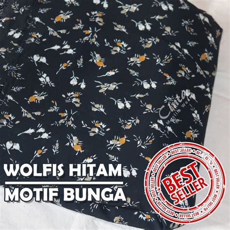 Jual Kain Wolfis Crepe Wollycrepe Meteran Motif Bunga Warna Hitam 05m