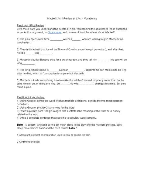 Sara Burke - Macbeth Act I Review and Act II Vocabulary - Macbeth Act I