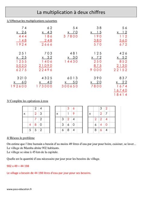 Multiplication à 2 chiffres Cm1 Révisions à imprimer Pass Education