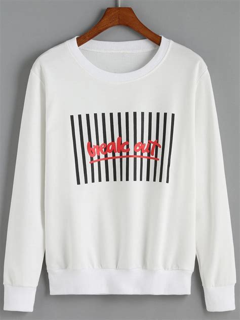 Vertical Striped Letter Print White SweatshirtFor Women Romwe