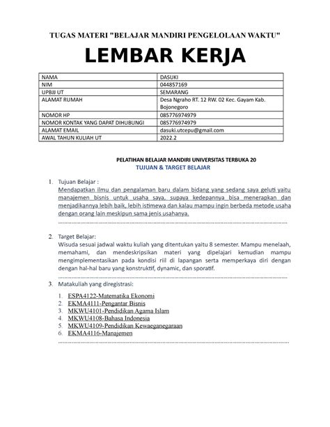 Pkbjj Lembar Kerja Mengelola Waktu Dasuki Tugas Materi Belajar