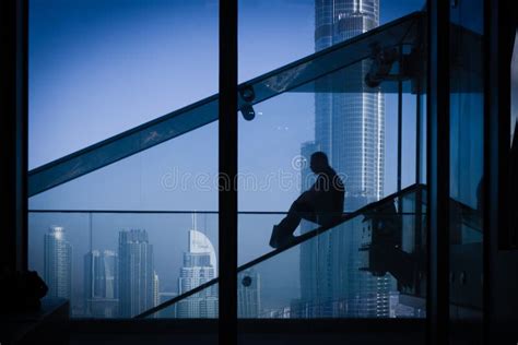 Dubai, UAE - 03/31/2020 : Glass Slide with Burj Khalifa the Tallest Skyscraper in the World in ...