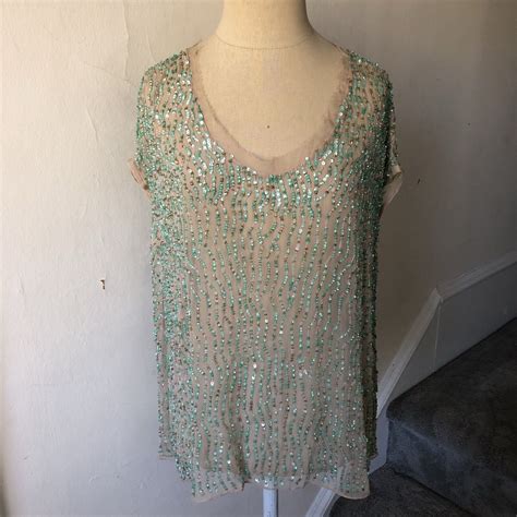 Parker Cream Sheer Nude Silk Green Sequin Frayed Hem Gem