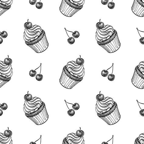 Premium Vector Cupcake With Cherry Seamless Pattern Hand Drawn Ink