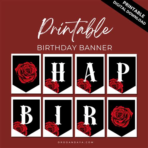 Happy Birthday Banner Printable PDF - Red Rose | Printable birthday ...