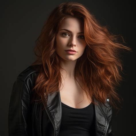 Premium Ai Image Beautiful Red Haired Woman In Black Leather Jacket