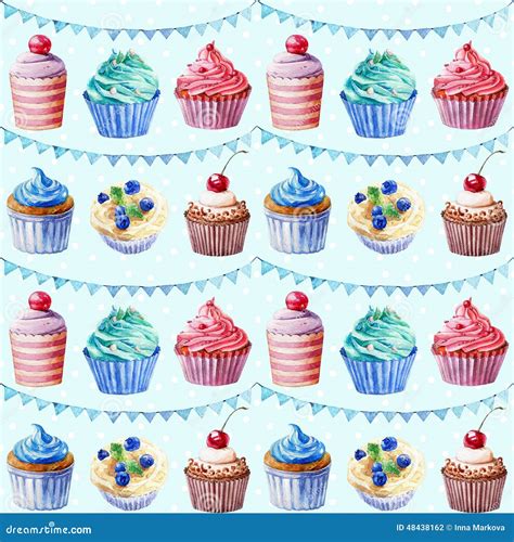 Seamless Pattern Watercolor Cupcakes Muffins And Festiv Flags Stock