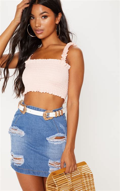 Light Pink Shirred Frill Crop Top Tops Prettylittlething Usa