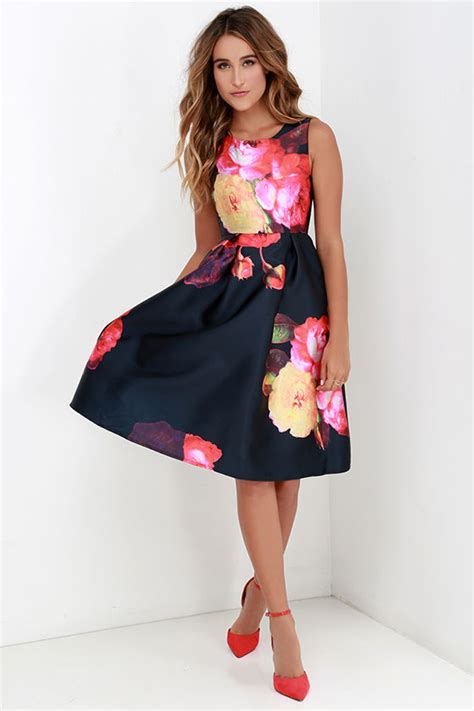 Beautiful Navy Dress Floral Print Dress Sleeveless Dress Midi