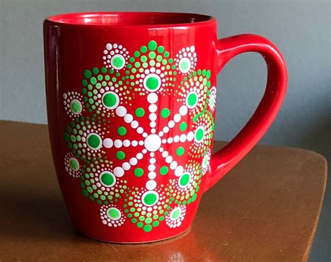 Holiday Coffee Cupmug Dot Mandala 12 Oz Hand Painted Red Green White