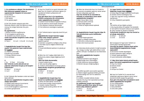 İlk Türk Devletleri Konu Kazanım Testi Sosyal Bilgiler Sosyalciniz