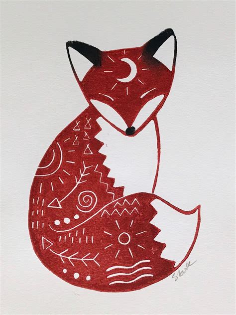 Tribal Fox Lino Print Fox Linocut Wall Art Artist Signed By Gina Stark