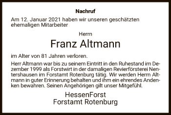 Traueranzeigen Von Franz Altmann Trauer HNA De