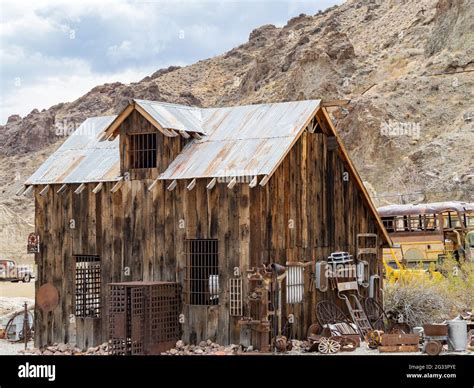 Abandoned Retro Building Of The Nelson Ghost Town At Nevada Stock Photo