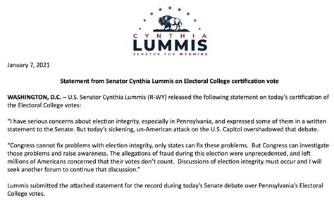 Senator Lummis releases statement on Electoral College votes; capitol ...