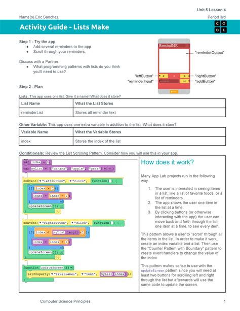 Eric Sanchez Activity Guide Lists Make Unit 5 Lesson 4 Unit 5