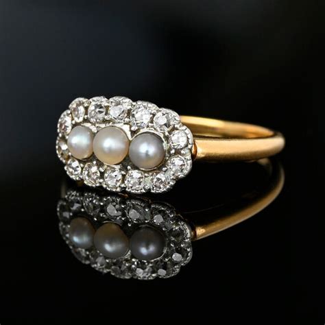 Antique Diamond Natural Pearl Ring 14K Gold Mine Cut Gem