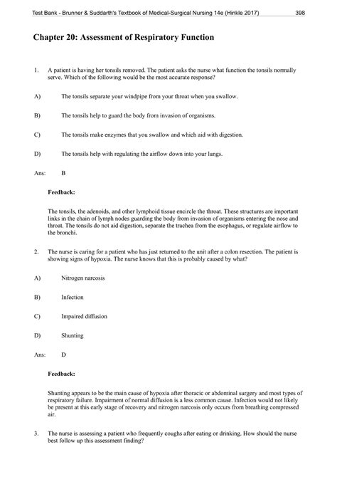 Ch 20 Test Bank Chapter 20 Assessment Of Respiratory Function A