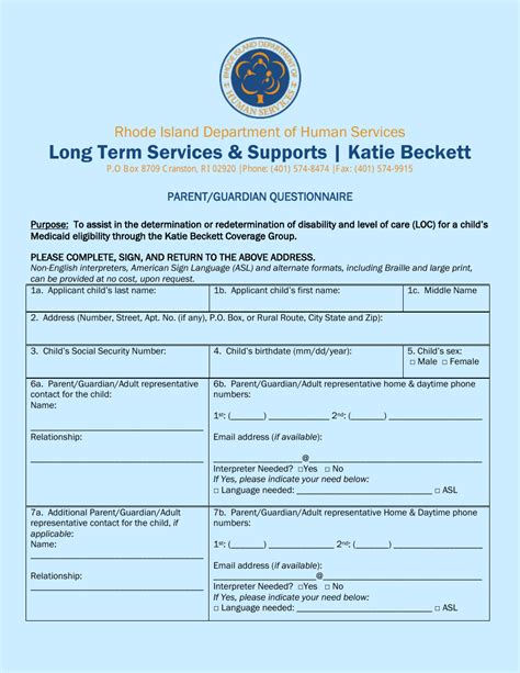 Rhode Island Katie Beckett Parentguardian Questionnaire Fill Out