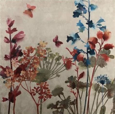 An Abstract Painting Of Flowers And Butterflies On A White Background