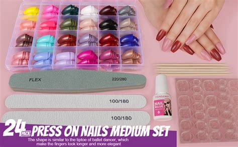 24 Pack 576PCS Press On Nails Medium Length FANDAMEI Glossy Medium