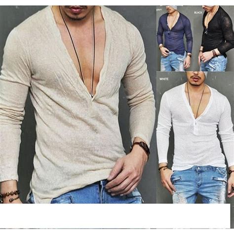 Muscle Mens Deep V Neck Summer Long Sleeve T Shirt Tee Shirt Casual