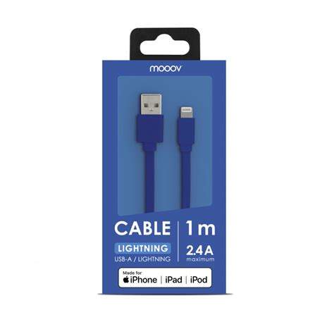 Câble MFI USB A plat pour iPhone iPad 1 m bleu