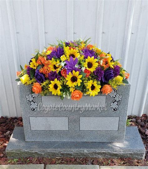 Purple Yellow Orange Sunflower Summer Headstone Saddle Cemetery