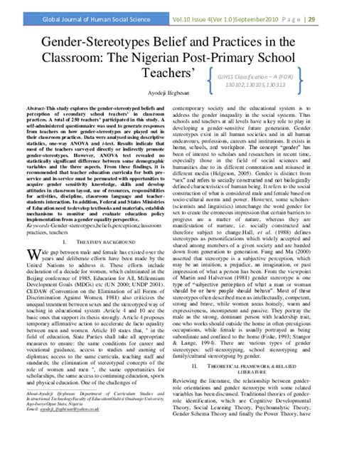 Pdf Gender Stereotypes Belief And Practices In The Classroom The Nigerian Post Primary School