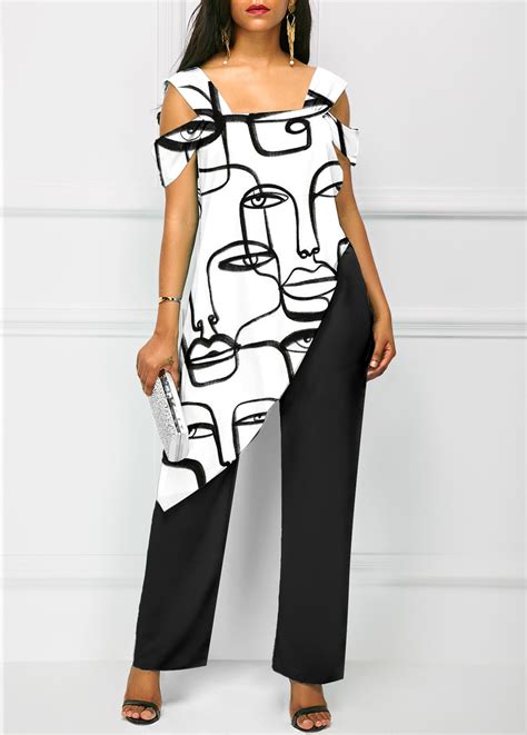 Rotita Asymmetry Graffiti Print White Ankle Length Jumpsuit Rotita