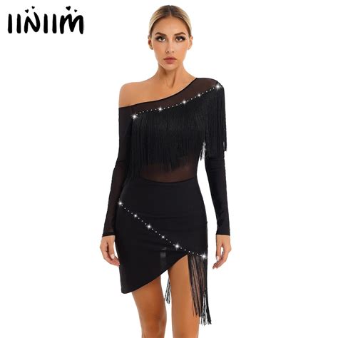 Women Latin Dance Dress Oblique Shoulder Fringed Irregular Hem Dresses