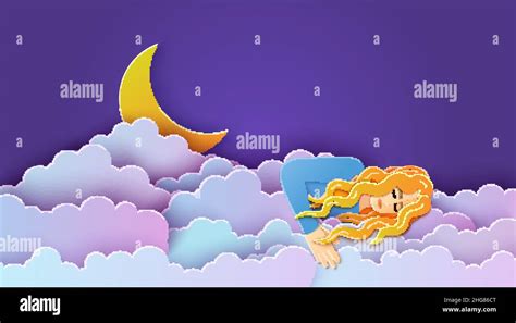 Sleeping Girl In Clouds In Paper Cut Style Young Woman Sleep And