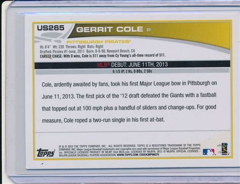 Gerrit Cole Topps Update Rookie Debut Rookie Card Rc Us Ebay