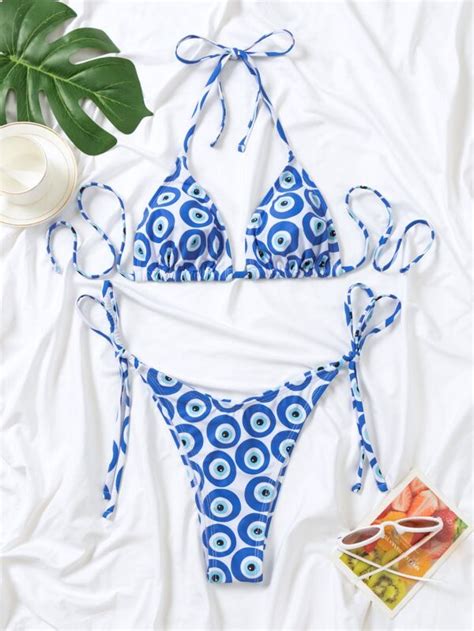 Shein Swim Bohofeel Evil Eye Print Bikini Set Halter Triangle Bra And Thong Bottom 2 Piece Bathing