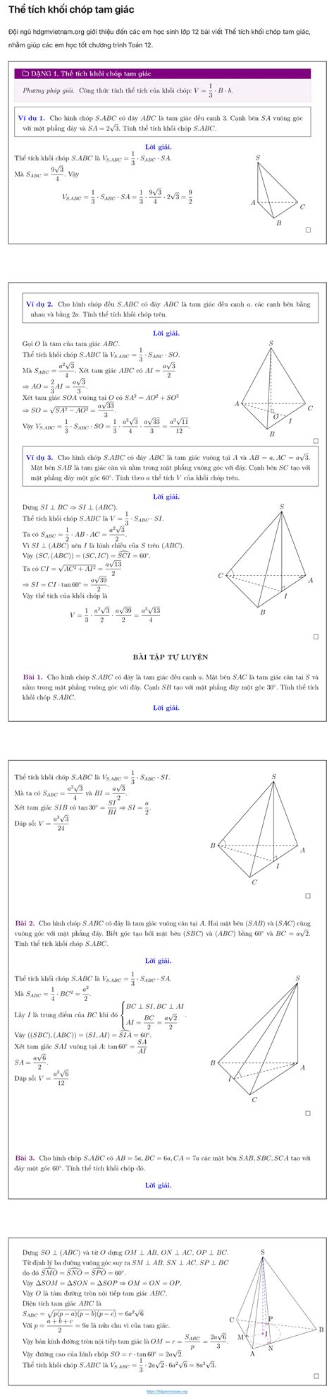 Thể tích khối chóp tam giác HDGM Học Để Giỏi Mãi