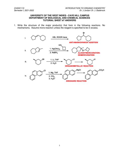 CHEM1110 Tutorial 7 2021 2022 Answers Semester I 2021 2022 Dr J