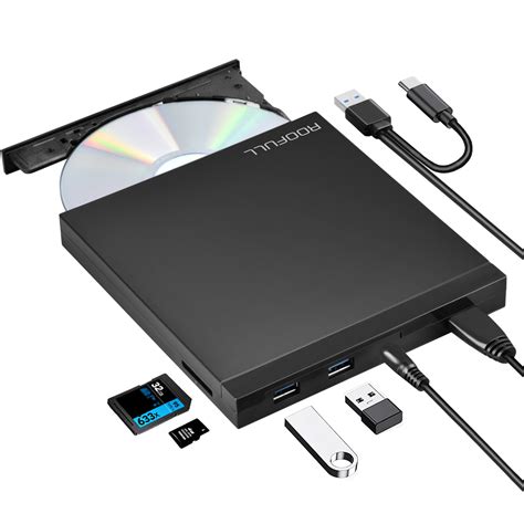 ROOFULL USB External CD DVD +/-RW Drive with SD Card Slot and USB Ports, Portable CD/DVD Disk ...