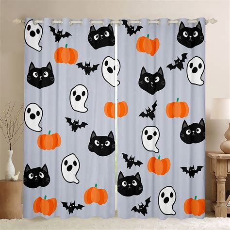 Cartoon Ghost Halloween Blackout Curtains Kawaii Cat Spooky Bat Decor