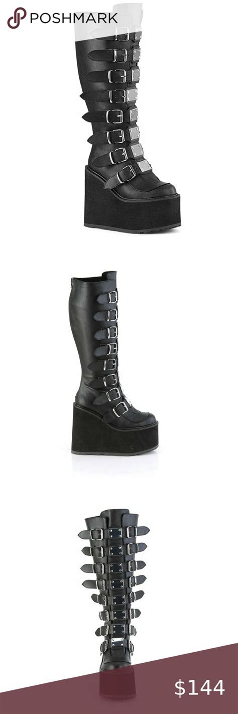 Wide Calf Trinity Swing Black Goth Platform Wedge Knee Boots In