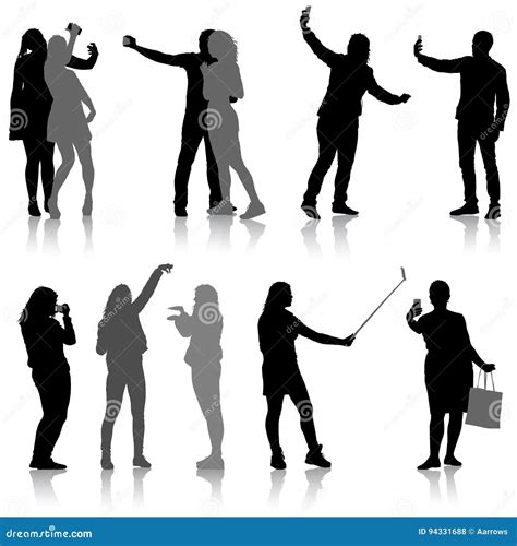 Set Silhouettes Man And Woman Taking Selfie With Smartphone On White Background Vector