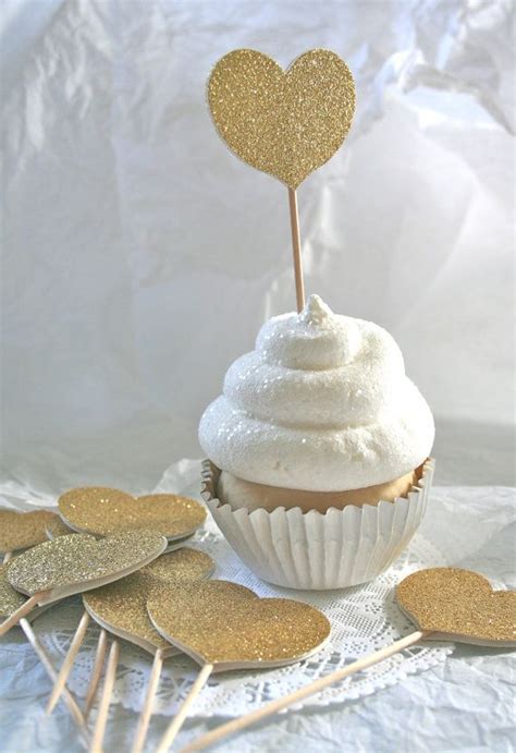 Glitter Glittered Heart Cupcake Toppers Food Picks Gold Or Custom