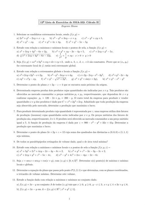 PDF 12a Lista De Exerccios De SMA 332 Calculo IIconteudo Icmc