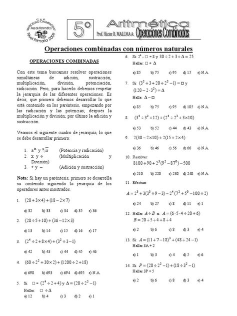 Operaciones Combinadas Con Números Naturales 5grado PDF